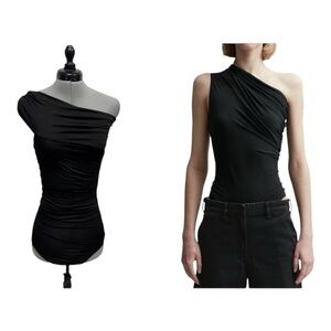 MATERIEL TBILISI Designer Sz L One Shoulder Side Ruched Bodysuit Black NWOT